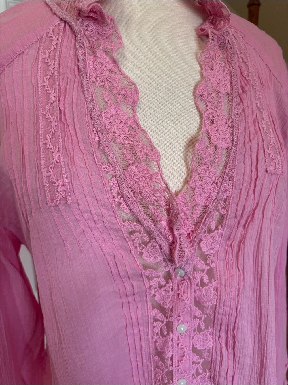 Free People | Clemence Lace Button Front Shirt Blouse | Peasant/Cottage Style